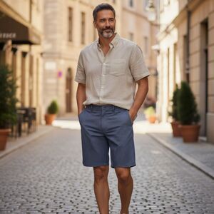 Claiborne Shorts Mens Size 46 Chino Check Geometric Woven 10" Inseam Navy Blue